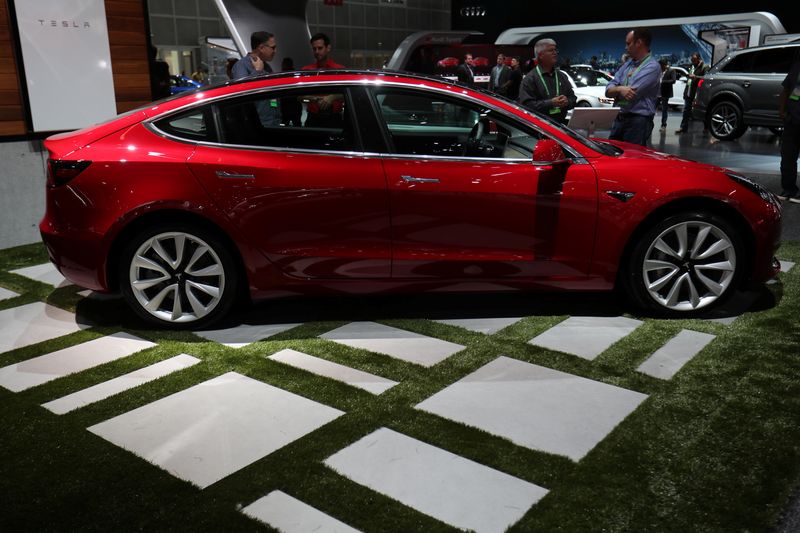 &copy; Reuters. FILE PHOTO: A TESLA Model 3 is shown at the Los Angeles Auto Show in Los Angeles, California, U.S., November 30, 2017.      REUTERS/Mike Blake