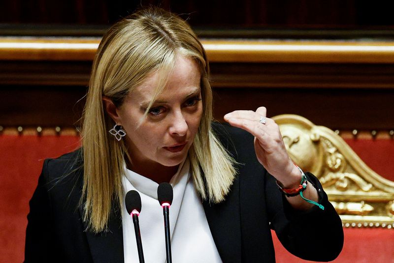 &copy; Reuters. Italy's Prime Minister Giorgia Meloni speaks during a session of the upper house of parliament ahead of a confidence vote for the new government, in Rome, Italy, October 26, 2022. REUTERS/Guglielmo Mangiapane