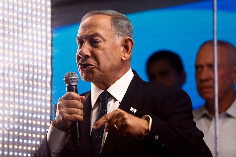 &copy; Reuters. رئيس الوزراء الإسرائيلي السابق بنيامين نتنياهو يتحدث في إحدى المستوطنات يوم 22 سبتمبر أيلول 2022. تصوير: نير إلياس - رويترز. 