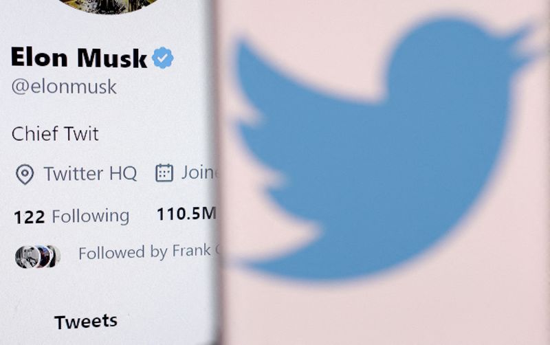 &copy; Reuters. Photo d'archives : Une illustration montre le compte d'Elon Musk et le logo Twitter. /Photo datant du 29 octobre 2022/Dado Ruvic