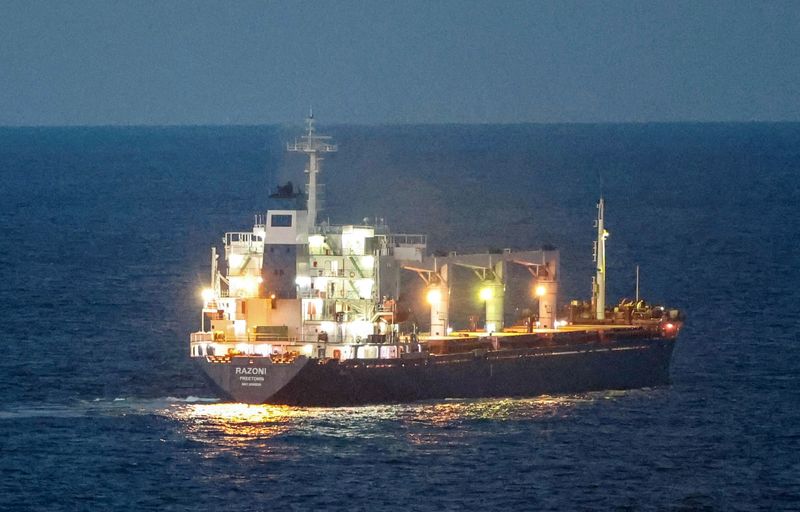&copy; Reuters. FILE PHOTO: The Sierra Leone-flagged cargo ship Razoni, carrying Ukrainian grain, is seen in the Black Sea off Kilyos, near Istanbul, Turkey August 2, 2022. REUTERS/Yoruk Isik