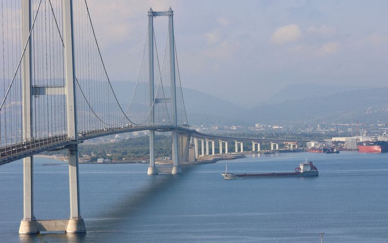 &copy; Reuters. Photo d'archives du navire cargo Polarnet, battant pavillon turc et transportant des céréales ukrainiennes, passant près du pont Osmangazi pour entrer dans le golfe d'Izmit, en Turquie. /Photo prise le 8 août 2022/REUTERS/Yoruk Isik