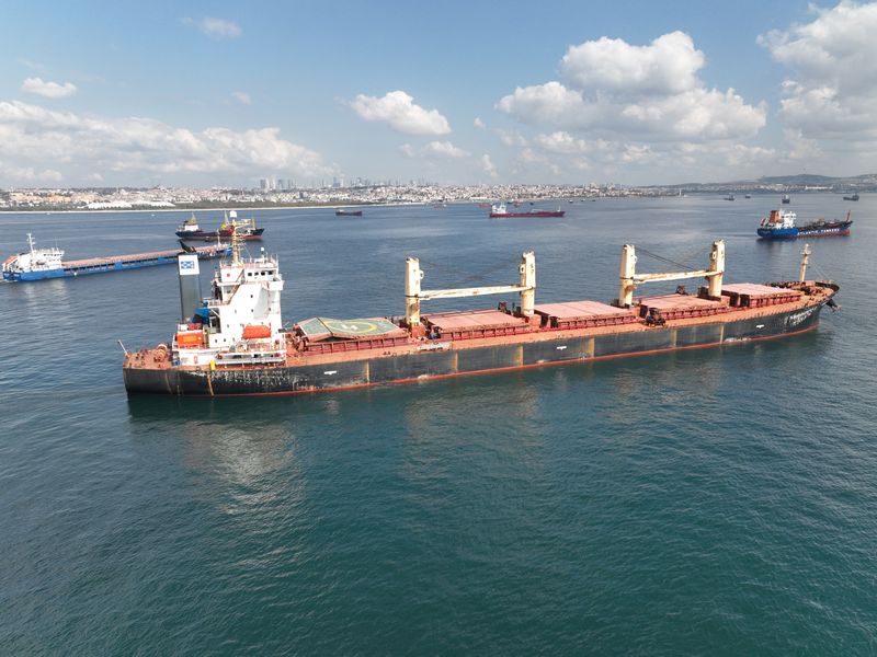 &copy; Reuters. FOTO DE ARCHIVO-Ellie M, un buque de carga con bandera de las Islas Marshall que transporta maíz ucraniano, espera la inspección en la zona de anclaje de la entrada sur del Bósforo en Estambul, Turquía, 10 de octubre de 2022. REUTERS/Mehmet Emin Calis