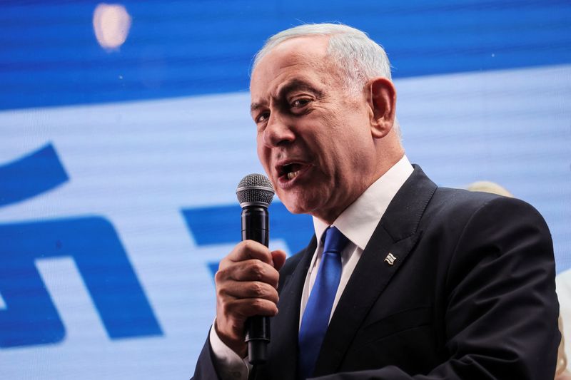 &copy; Reuters. رئيس الوزراء الإسرائيلي السابق بنيامين نتنياهو خلال خطاب لمؤيديه في أور يهودا بإسرائيل يوم 30 أكتوبر تشرين الاول 2022. تصوير: نير إلياس - رويتر