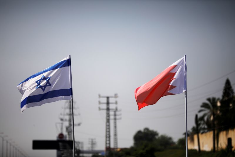 &copy; Reuters. FILE PHOTO: The flags of Israel and Bahrain flutter along a road in Netanya, Israel September 14, 2020. REUTERS/Nir Elias