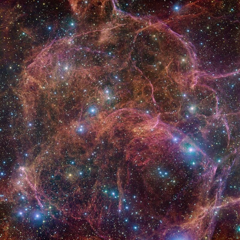 &copy; Reuters. Una imagen sin fecha muestra una vista de las nubes anaranjadas y rosadas que conforman lo que queda tras la muerte explosiva de una enorme estrella: el remanente de supernova Vela. Esta imagen consta de 554 millones de píxeles y es un mosaico combinado 