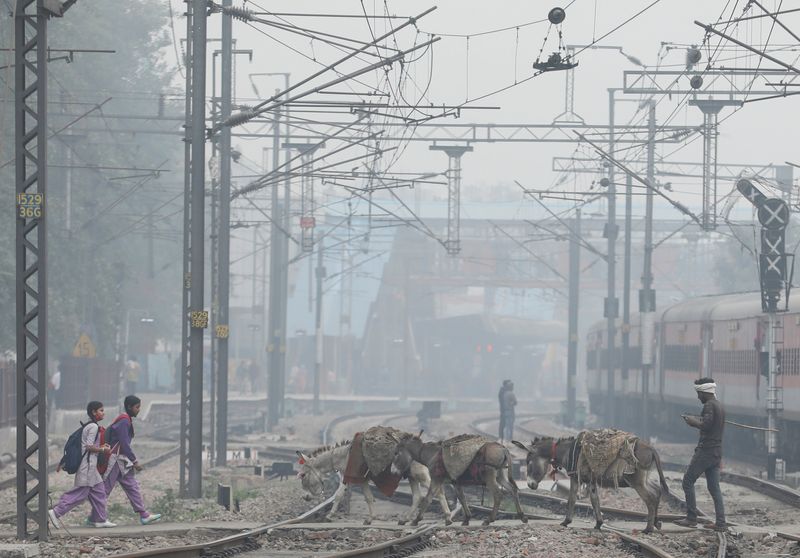 &copy; Reuters. FILE PHOTO: School girls and mules are seen crossing railway tracks on a smoggy morning in New Delhi, India, December 2, 2021. REUTERS/Anushree Fadnavis/File Photo