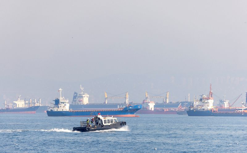 &copy; Reuters. Funcionários do Centro de Coordenação Conjunta navegam pelo cargueiro Mehmet Bey enquanto espera para passar pelo estreito de Bósforo nas margens de Yenikapi em Istambul, Turquia, 31 de outubro de 2022. REUTERS/Umit Bektas