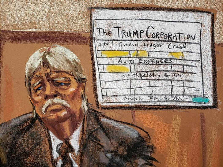 © Reuters. Witness Jeff McConney is questioned by Assistant Manhattan District Attorney Joshua Steinglass as a Trump corporate expense chart is shown, during the Trump Organization's criminal tax trial in Manhattan Criminal Court, New York City, U.S., October 31, 2022 in this courtroom sketch. REUTERS/Jane Rosenberg