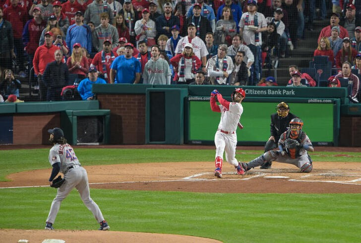 &copy; Reuters. ＭＬＢは１日、ワールドシリーズ（７回戦制）第３戦を行い、フィリーズがアストロズに７─０で大勝し、２勝１敗と一歩リード。写真は先制２ランの指名打者ブライス・ハーパー（２０２