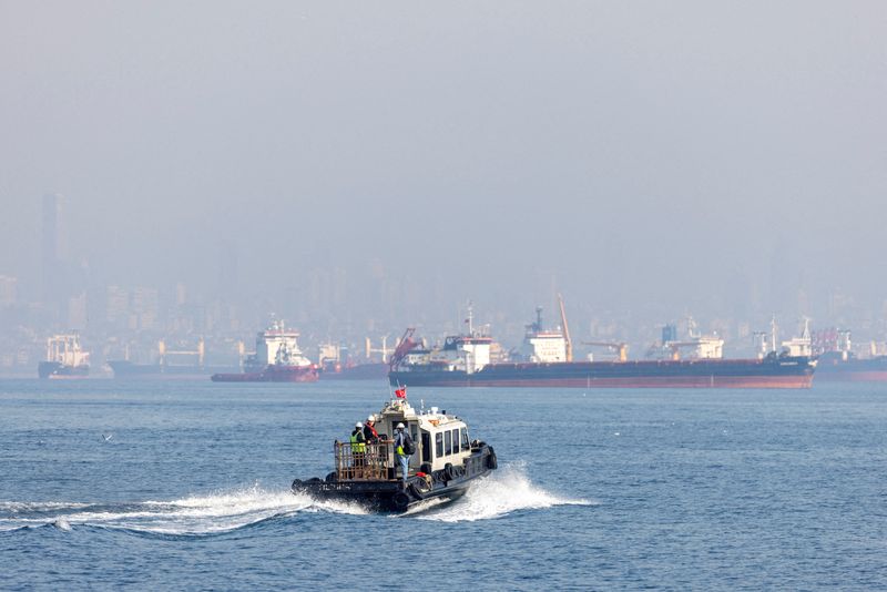 &copy; Reuters. FILE PHOTO: The Joint Coordination Centre officials sail through cargo ship Mehmet Bey as she waits to pass the Bosphorus strait off the shores of Yenikapi during a misty morning in Istanbul, Turkey, October 31, 2022. REUTERS/Umit Bektas/File Photo
