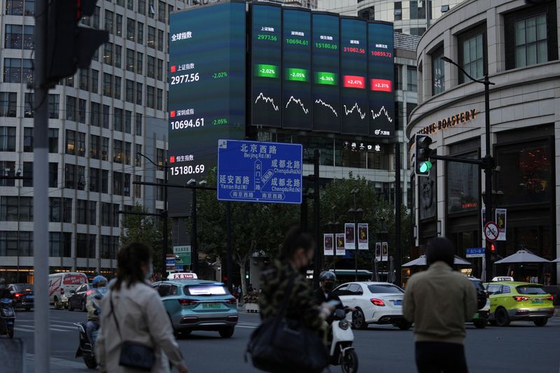 &copy; Reuters. FOTO DE ARCHIVO: Vista de una pantalla gigante que muestra cotizaciones de índices bursátiles en Shanghái, China. 24 de octubre, 2022. REUTERS/Aly Song