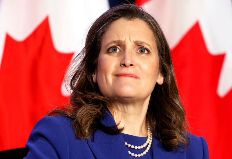 &copy; Reuters. FILE PHOTO: Canada's Finance Minister Chrystia Freeland reacts during a news conference before delivering the 2022-23 budget, in Ottawa, Ontario, Canada, April 7, 2022. REUTERS/Blair Gable