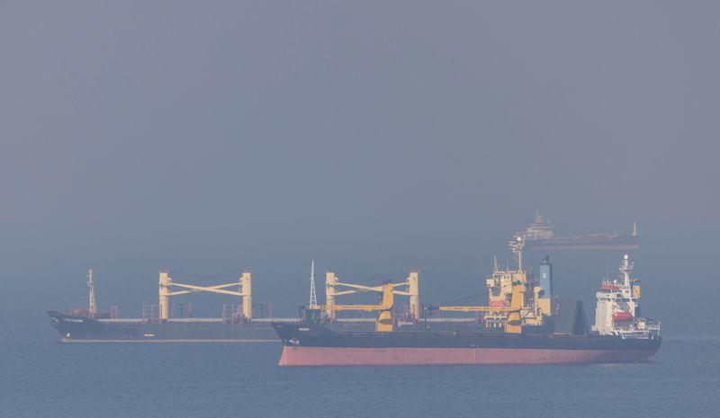 &copy; Reuters. Cargo ship Super Bayern, carrying Ukrainian grain, is seen behind cargo ship Rider in the Black Sea off Kilyos near Istanbul, Turkey November 2, 2022. REUTERS/Umit Bektas