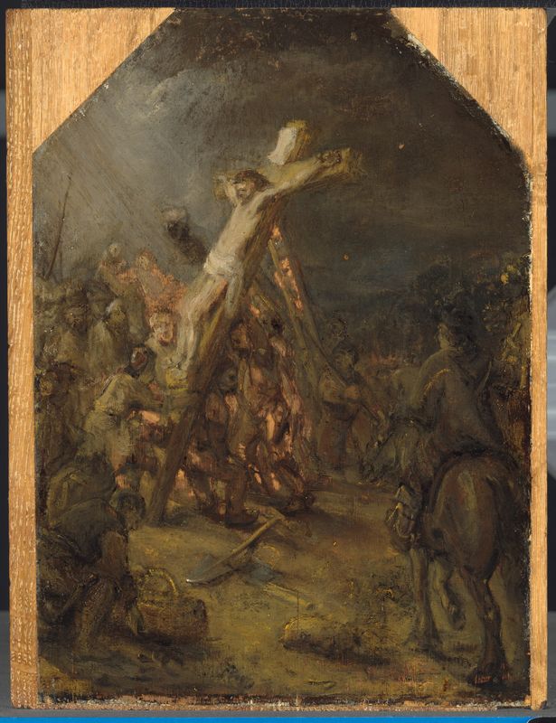 &copy; Reuters. Pintura de Rembrandt van Rijn, "El levantamiento de la cruz", óleo sobre tabla, 39,1 X 30,1 centímetros, en La Haya, Países Bajos. 3 de noviembre de 2022. Museum Bredius/vía REUTERS. ATENCIÓN EDITORES -  ESTA IMAGEN HA SIDO ENTREGADA POR UN TERCERO. 