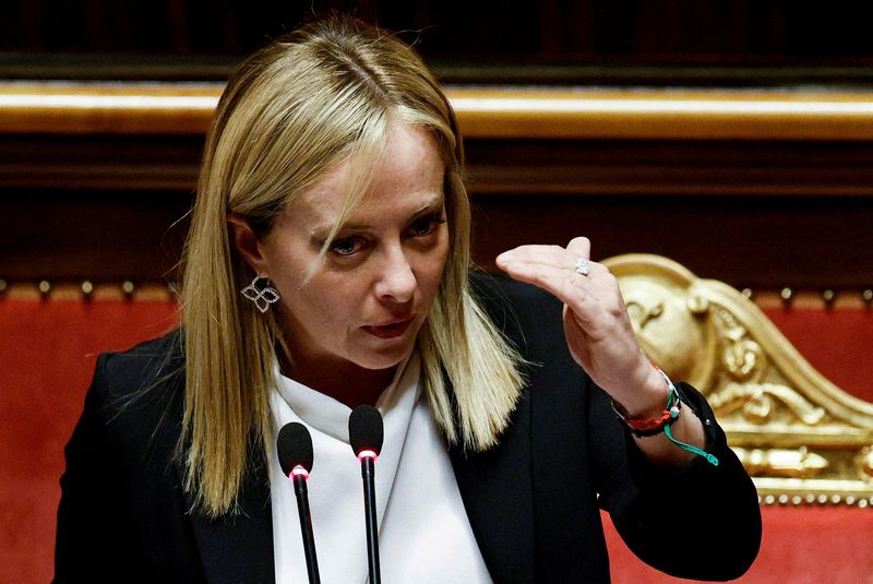 &copy; Reuters. FILE PHOTO: Italy's Prime Minister Giorgia Meloni speaks during a session of the upper house of parliament ahead of a confidence vote for the new government, in Rome, Italy, October 26, 2022. REUTERS/Guglielmo Mangiapane