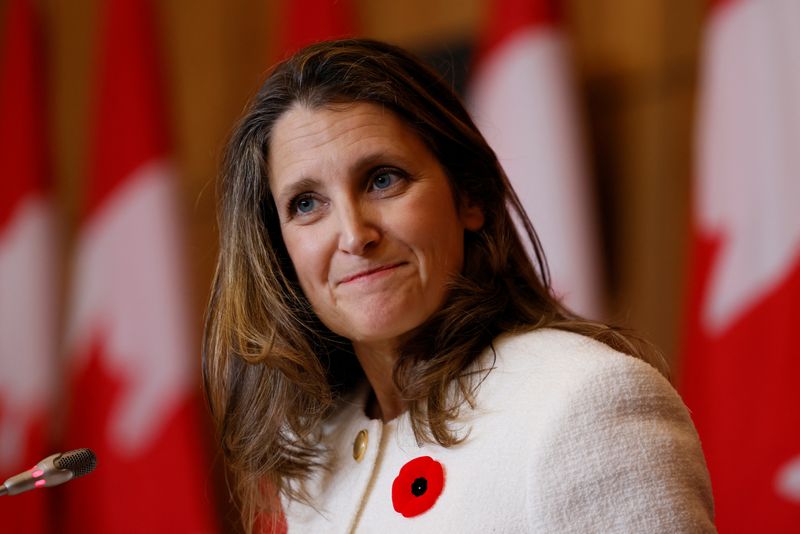 &copy; Reuters. Canada's Deputy Prime Minister and Minister of Finance Chrystia Freeland attends a news conference about the fall economic statement in Ottawa, Ontario, Canada November 3, 2022. REUTERS/Blair Gable