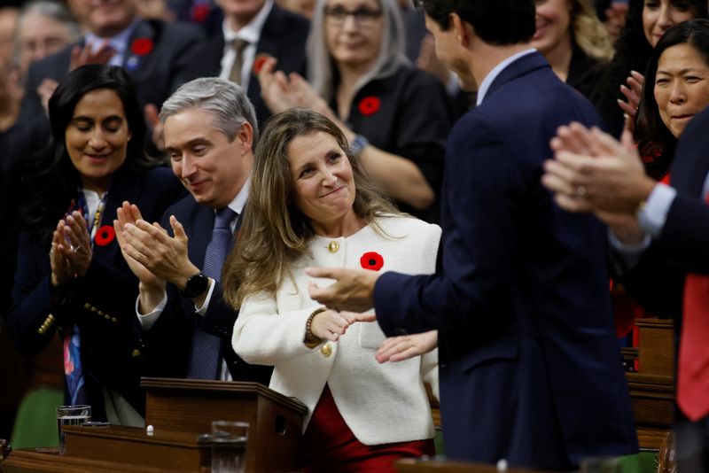 © Reuters. Canada's Deputy Prime Minister and Minister of Finance Chrystia Freeland is congratulated after delivering the fall economic statement in the House of Commons on Parliament Hill in Ottawa, Ontario, Canada November 3, 2022. REUTERS/Blair Gable