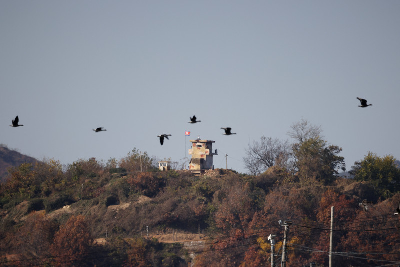 &copy; Reuters. Birds fly over a North Korean guard post in this picture taken near the demilitarized zone separating the two Koreas, in Paju, South Korea, November 4, 2022.    REUTERS/Kim Hong-Ji