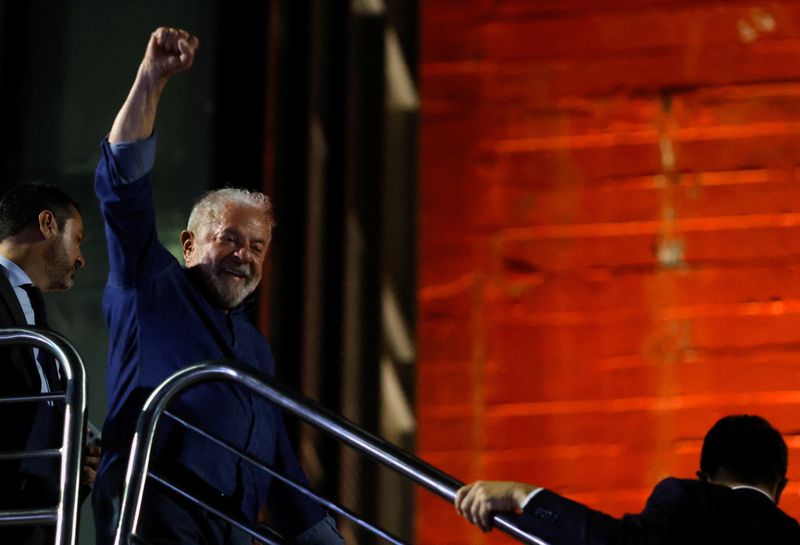 &copy; Reuters. FILE PHOTO: Brazil's former President and presidential candidate Luiz Inacio Lula da Silva reacts at an election night gathering on the day of the Brazilian presidential election run-off, in Sao Paulo, Brazil, October 30, 2022. REUTERS/Amanda Perobelli