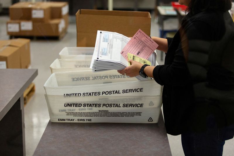 &copy; Reuters. FILE PHOTO: Eliza Luna, a ballot designer with the Maricopa County Elections Department, counts ballots for the Arizona Presidential Preference Election at the Maricopa County Tabulation and Election Center in Phoenix, Arizona, U.S., March 17, 2020.  REUT