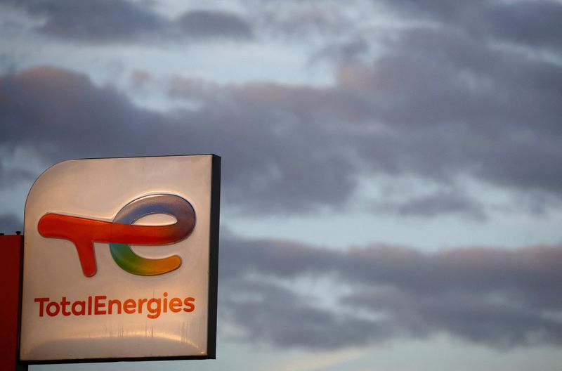 &copy; Reuters. FILE PHOTO: A sign with the logo of French oil and gas company TotalEnergies is pictured at a petrol station in Vertou near Nantes, France, October 26, 2022. REUTERS/Stephane Mahe