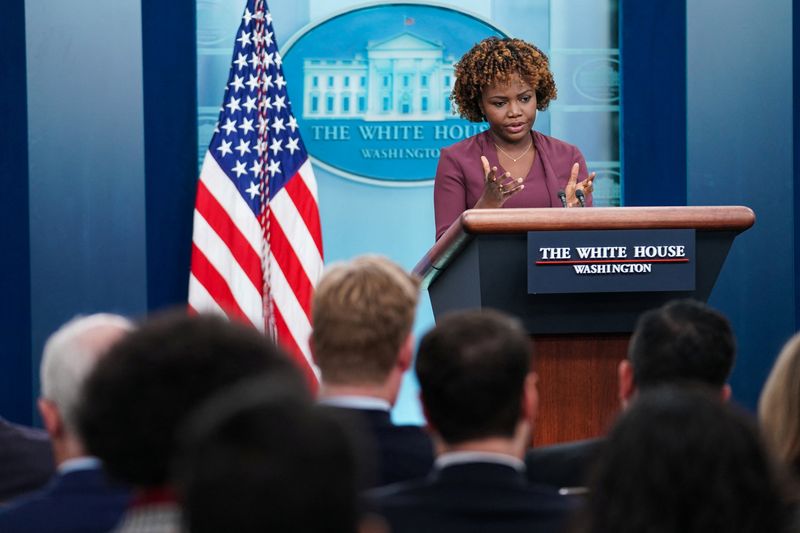 &copy; Reuters. FILE PHOTO: White House Press Secretary Karine Jean-Pierre holds a press briefing at the White House in Washington, U.S., October 18, 2022. REUTERS/Sarah Silbiger