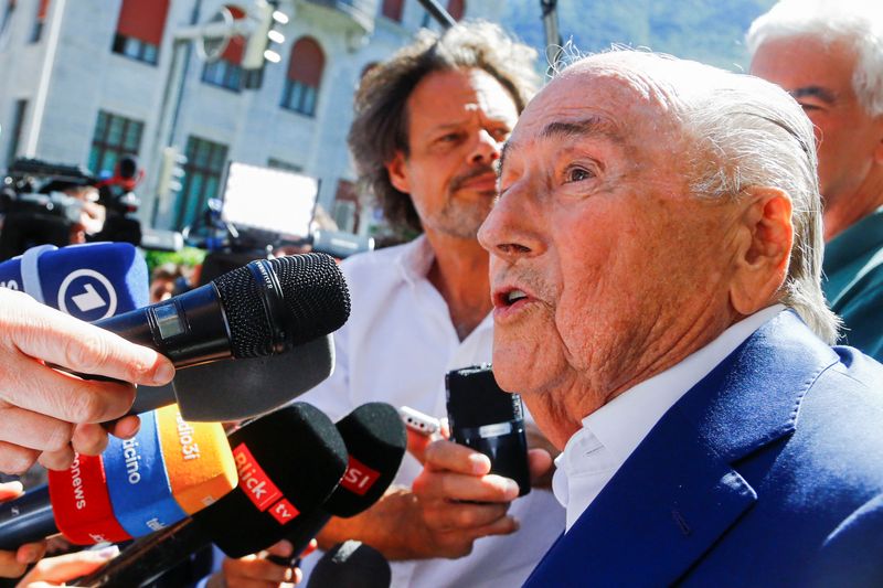 &copy; Reuters. FILE PHOTO: Former FIFA President Sepp Blatter speaks to the media after a trial at the Swiss Federal Criminal Court in Bellinzona, Switzerland July 8, 2022. REUTERS/Arnd Wiegmann/File Photo