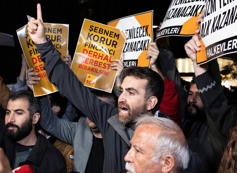 &copy; Reuters. FILE PHOTO: People shout slogans as they gather to protest the detention of the head of the Turkish Medical Association (TTB), Sebnem Korur Fincanci, over statements she made last week in which she commented on alleged chemical weapons' use by the Turkish