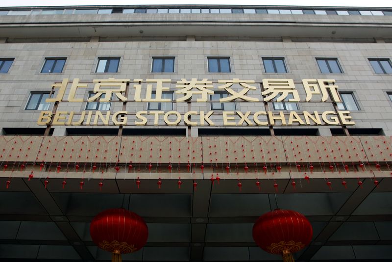 © Reuters. FILE PHOTO: The sign of Beijing Stock Exchange is seen at its entrance during an organised media tour, in Beijing, China February 17, 2022. REUTERS/Florence Lo