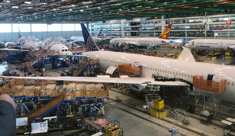 © Reuters. FILE PHOTO: Boeing 787 Dreamliners are shown in final production at widebody factory in North Charleston, South Carolina, U.S.,  January 17, 2019. REUTERS/Eric Johnson