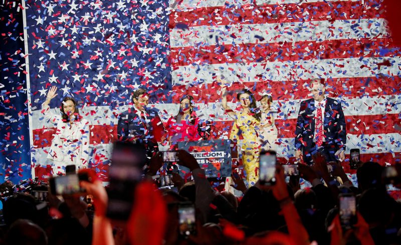 © Reuters. Republican Florida Governor Ron DeSantis is showered with confetti as he celebrates onstage with his wife Casey and family during his 2022 U.S. midterm elections night party in Tampa, Florida, November 8, 2022. REUTERS/Marco Bello