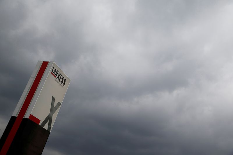 &copy; Reuters. FILE PHOTO: A logo of Lanxess is seen next to dark clouds at Cologne Bonn airport  March 27, 2015.  REUTERS/Wolfgang Rattay