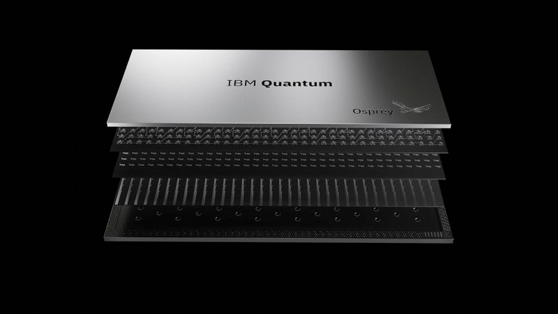 &copy; Reuters. FILE PHOTO: A computer rendering shows IBM's 433-qubits Osprey quantum processor, with more than three times the qubits of the IBM Eagle processor unveiled in 2021, in this undated handout image.  Connie Zhou for IBM/Handout via REUTERS
