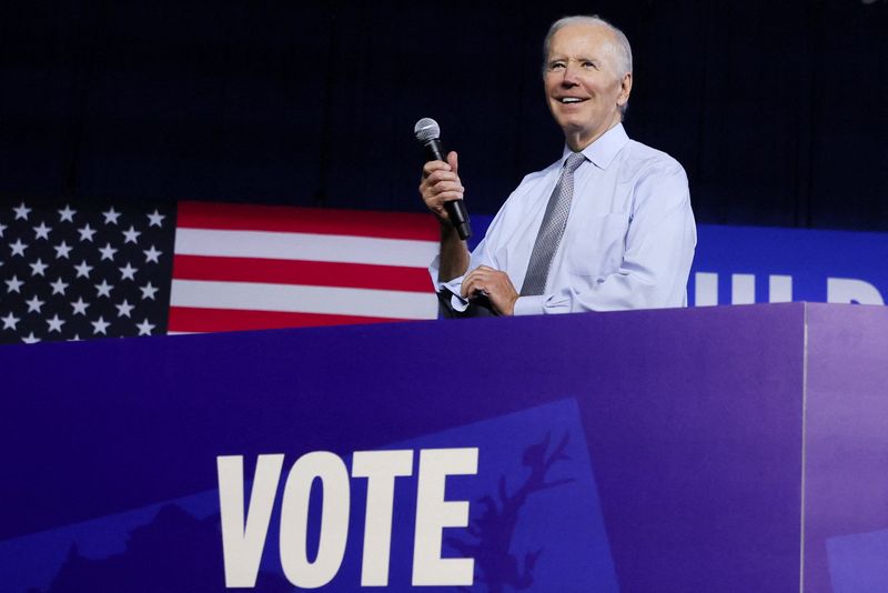 &copy; Reuters. FILE PHOTO: U.S. President Joe Biden reacts during a rally with Democratic nominee for Maryland Governor Wes Moore, U.S. Senator Chris Van Hollen and other Maryland Democrats, at Bowie State University in Bowie, Maryland, U.S., November 7, 2022. REUTERS/L