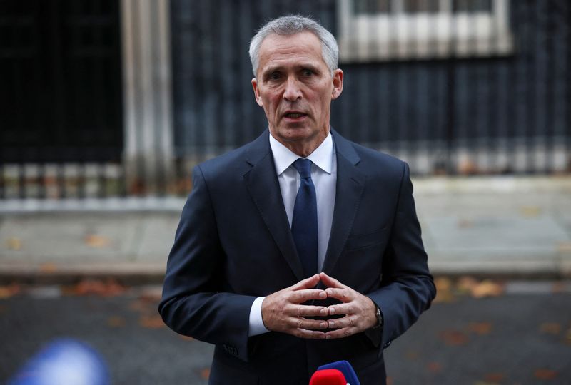 &copy; Reuters. FILE PHOTO: NATO Secretary General Jens Stoltenberg speaks to the media, outside Number 10 Downing Street, in London, Britain, November 9, 2022. REUTERS/Henry Nicholls
