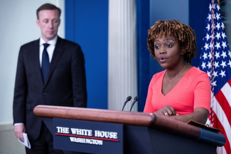 &copy; Reuters. FILE PHOTO: White House Press Secretary Karine Jean-Pierre speaks during a daily press briefing at the White House in Washington, D.C., U.S., November 10, 2022. REUTERS/Tom Brenner