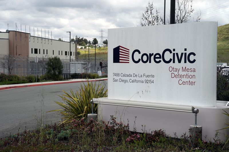 &copy; Reuters. FILE PHOTO: Signage is seen outside the Otay Mesa Detention Center, a ICE (Immigrations & Customs Enforcement) federal detention center privately owned and operated by prison contractor CoreCivic, amid the coronavirus disease (COVID-19) outbreak in San Di