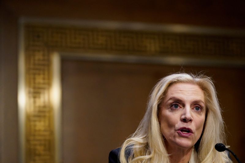 © Reuters. FILE PHOTO: Federal Reserve Board Governor Lael Brainard testifies before a Senate Banking Committee hearing on her nomination to be vice-chair of the Federal Reserve, on Capitol Hill in Washington, U.S., January 13, 2022. REUTERS/Elizabeth Frantz/File Photo