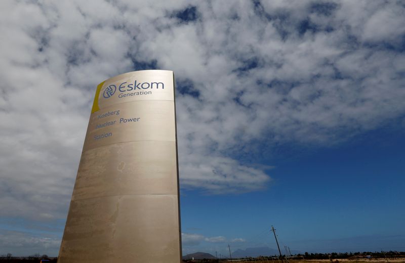 &copy; Reuters. FILE PHOTO: The logo of state power utility Eskom  is seen outside Cape Town's Koeberg nuclear power plant in this picture taken March 20, 2016. REUTERS/Mike Hutchings/File Photo