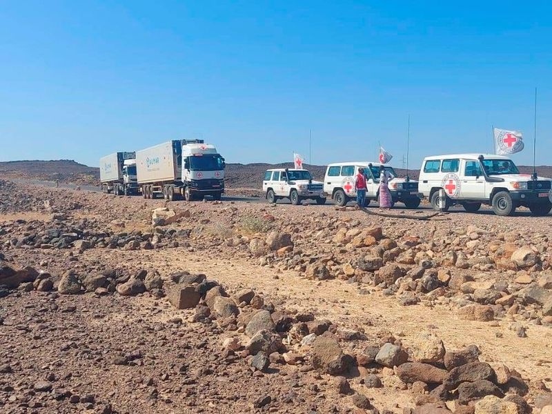 &copy; Reuters. شاحنتان تحملان مساعدات طبية لإقليم تيجراي على الطريق إلى مقلي يوم الثلاثاء. صورة من اللجنة الدولية للصليب الأحمر.