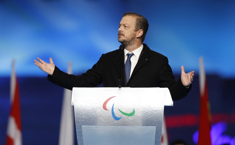&copy; Reuters. FOTO DE ARCHIVO. Juegos Paralímpicos de Invierno Pekín 2022 - Ceremonia de clausura - Estadio Nacional, Pekín, China - 13 de marzo de 2022. El presidente del Comité Paralímpico Internacional, Andrew Parsons, pronuncia un discurso durante la ceremonia