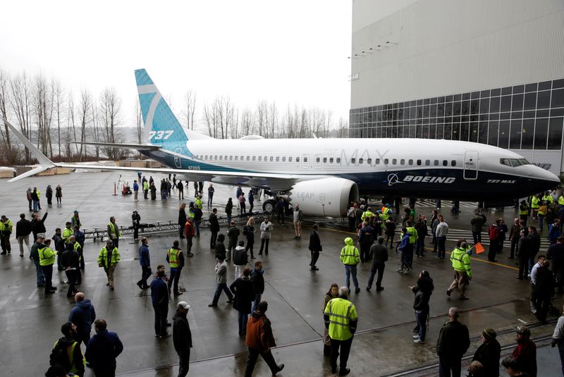 &copy; Reuters. FILE PHOTO: Employees are pictured as the first Boeing 737 MAX 7 is unveiled in Renton, Washington, U.S. February 5, 2018. REUTERS/Jason Redmond/File Photo