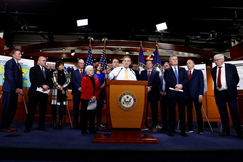 &copy; Reuters. FILE PHOTO: U.S. Rep. Rep. Jim Jordan (R-OH), ranking Republican on the House Judiciary Committee, is flanked by fellow House Republicans as he discusses the investigation into the Biden family’s business dealings during a news conference at the U.S. Ca