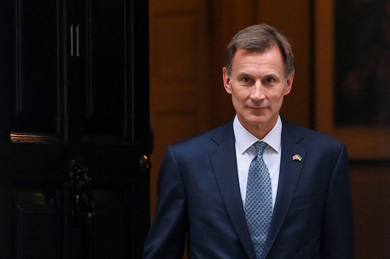 &copy; Reuters. FILE PHOTO: Britain's Chancellor of the Exchequer Jeremy Hunt walks at Downing Street in London, Britain, November 17, 2022. REUTERS/Toby Melville/File Photo