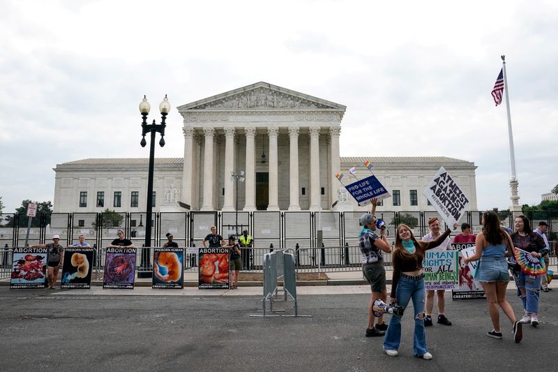 © Reuters. Anti abortion activists demonstrate outside the U.S. Supreme Court after the United States Supreme Court ruled in the Dobbs v Women's Health Organization abortion case, overturning the landmark Roe v Wade abortion decision, in Washington, U.S., June 27, 2022. REUTERS/Elizabeth Frantz/File Photo