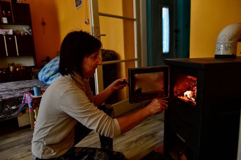 © Reuters. Andrea Varga puts wood into a stove in her 