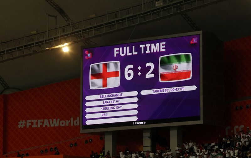 &copy; Reuters. نتيجة مباراة إنجلترا وإيران في نهائيات كأس العالم لكرة القدم والتي أقيمت في استاد خليفة الدولي في الدوحة يوم الاثنين. تصوير: كارل ريسين - روي