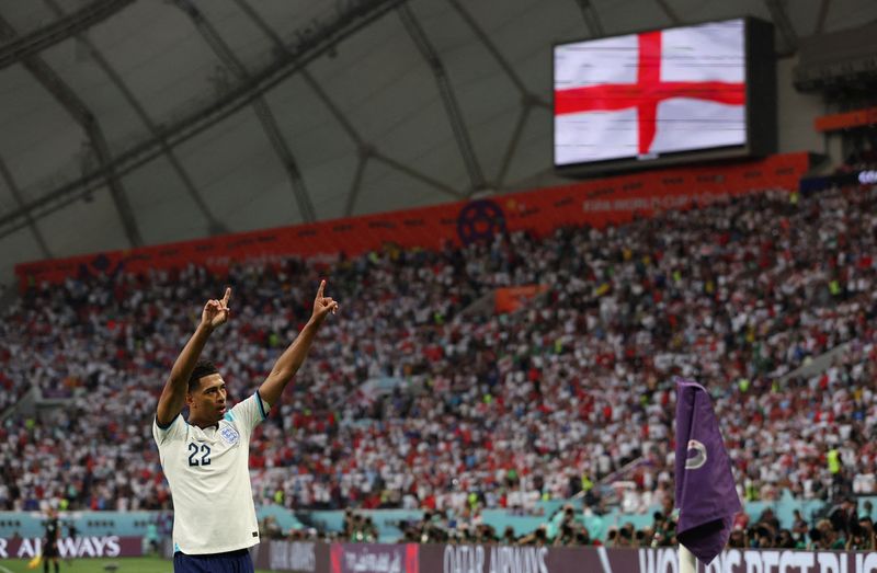 &copy; Reuters. Jude Bellingham comemora gol marcado na vitória da Inglaterra sobre o Irã
21/11/2022
REUTERS/Paul Childs