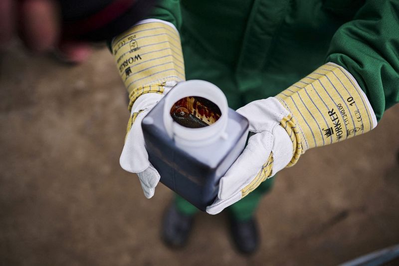 © Reuters. A worker holds a container with oil at a newly discovered oil field in Vecses, Hungary, November 16, 2022 in this handout picture obtained by Reuters on November 21, 2022. MOL/Handout via REUTERS 